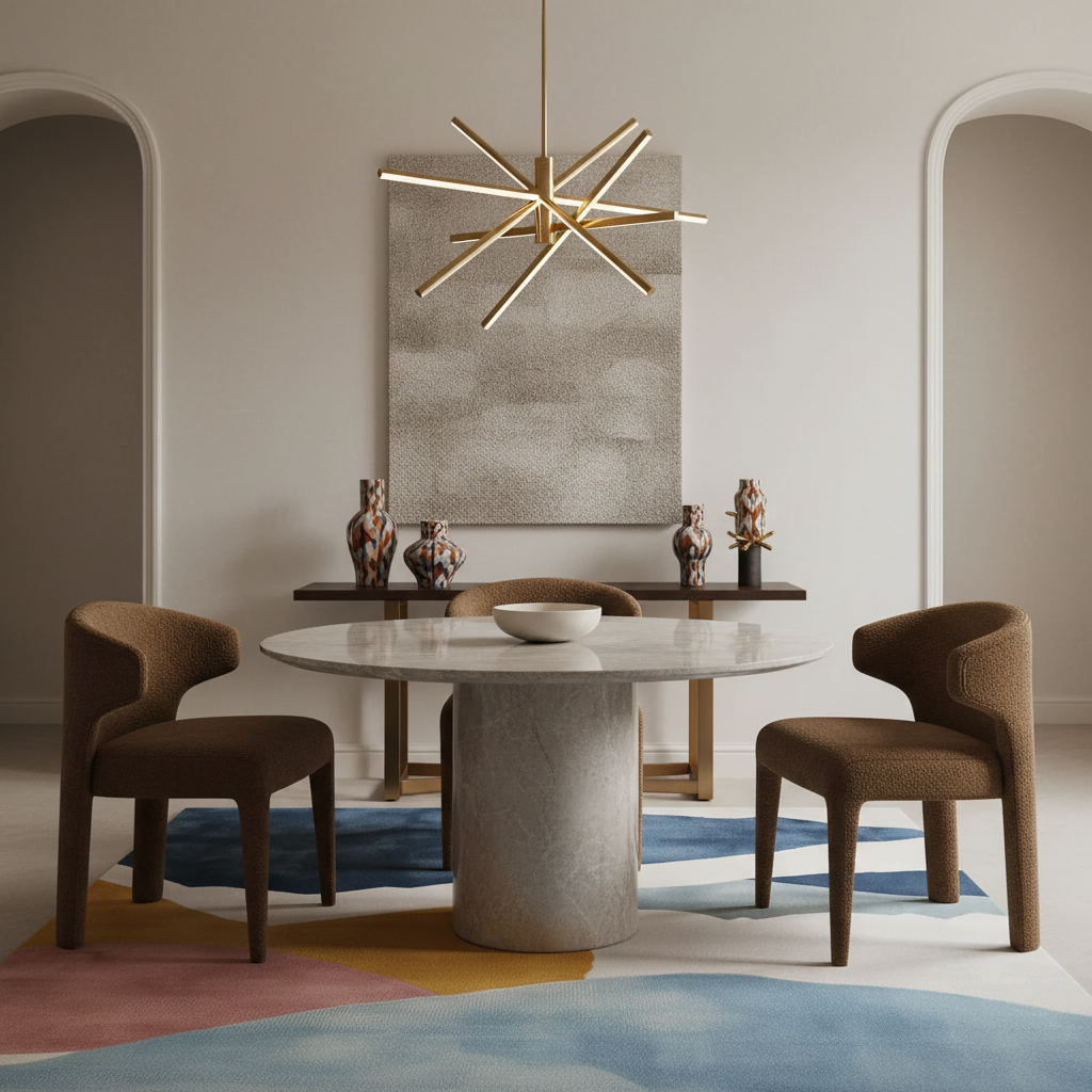 A modern dining room scene featuring a round marble-top table with a textured stone pedestal base, four upholstered dining chairs in brown, a gold starburst chandelier, and a colorful abstract area rug.