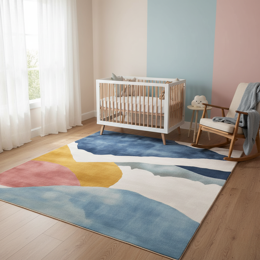 Serene Horizon rug with an abstract color-block pattern in blue, pink, and mustard in a nursery