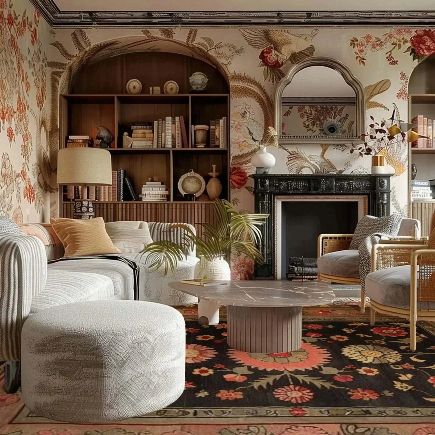 Luxurious living room with floral rug, wallpaper, bookshelves, and a fireplace.