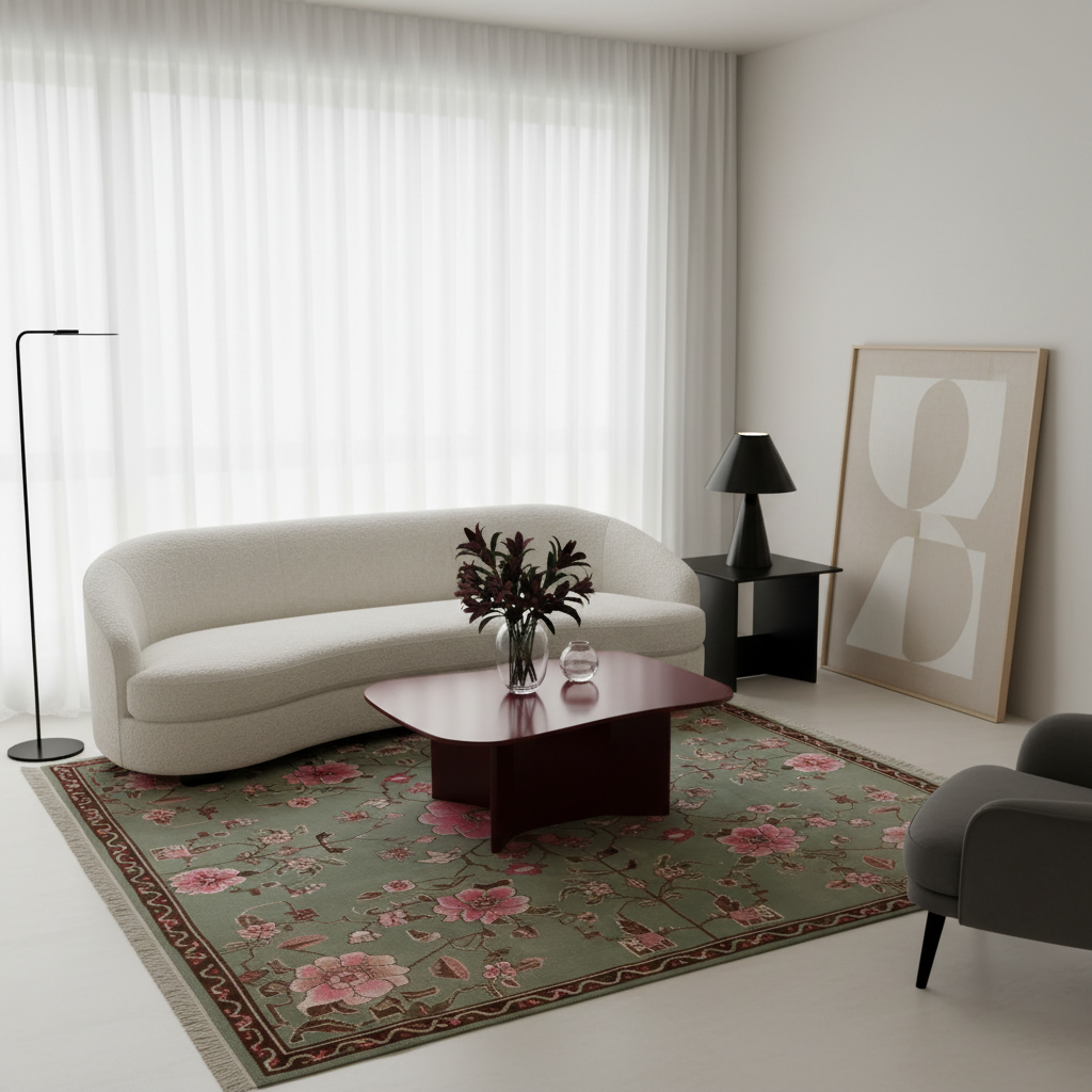 A styled living room scene featuring a large green floral area rug with pink flowers, a curved cream boucle sofa, a dark wood coffee table, a black floor lamp, and a gray armchair against a white curtain background.