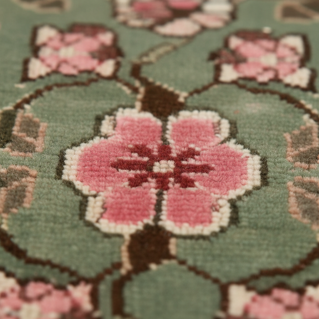 Close-up of a woven floral rug with a large pink flower and smaller blossoms on a muted sage green background.