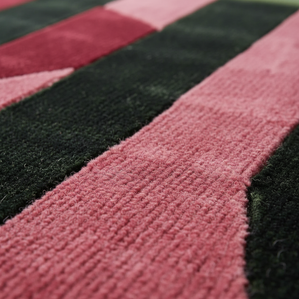 Close-up of a textured fabric or rug with broad diagonal stripes in dusty pink and very dark forest green.