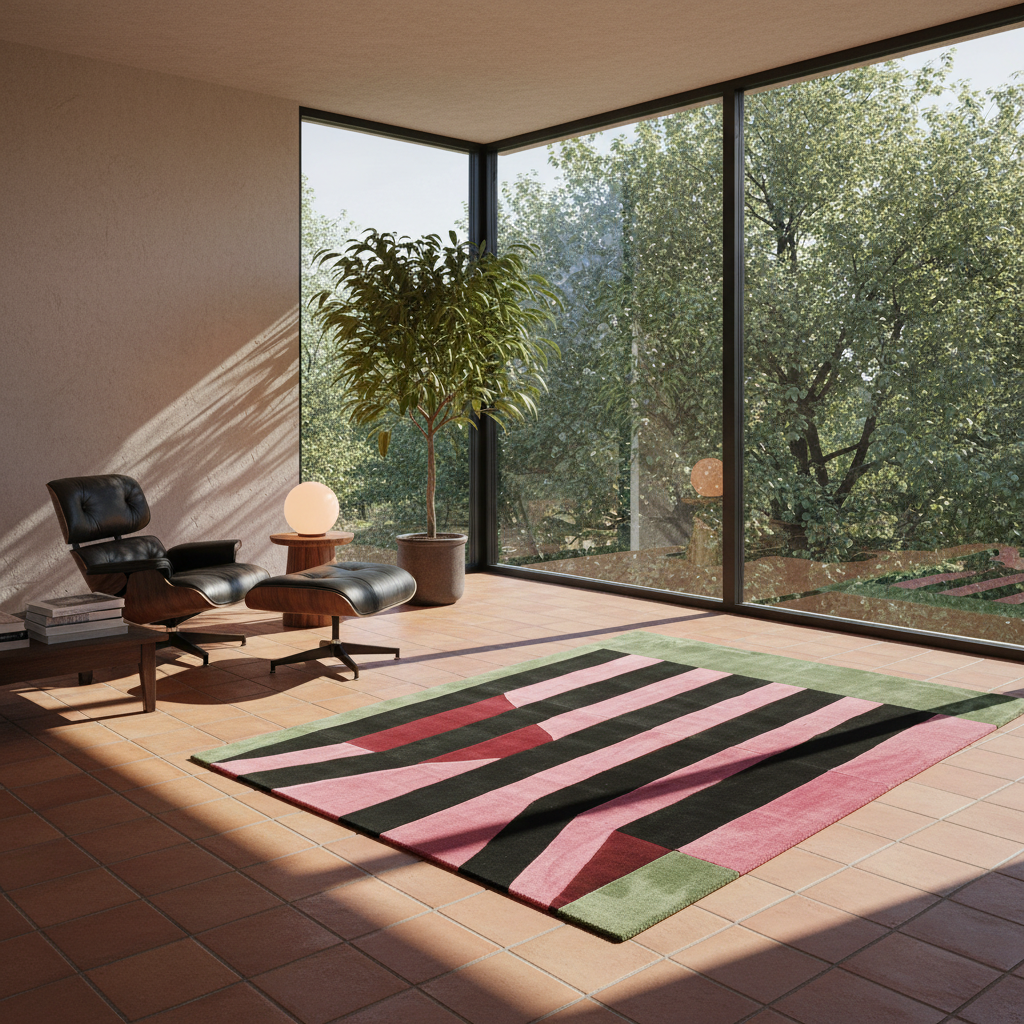 A modern living room with large floor-to-ceiling windows overlooking trees, featuring a black leather lounge chair, matching ottoman, a small round table with a glowing globe lamp, and a colorful area rug on a terracotta tile floor.
