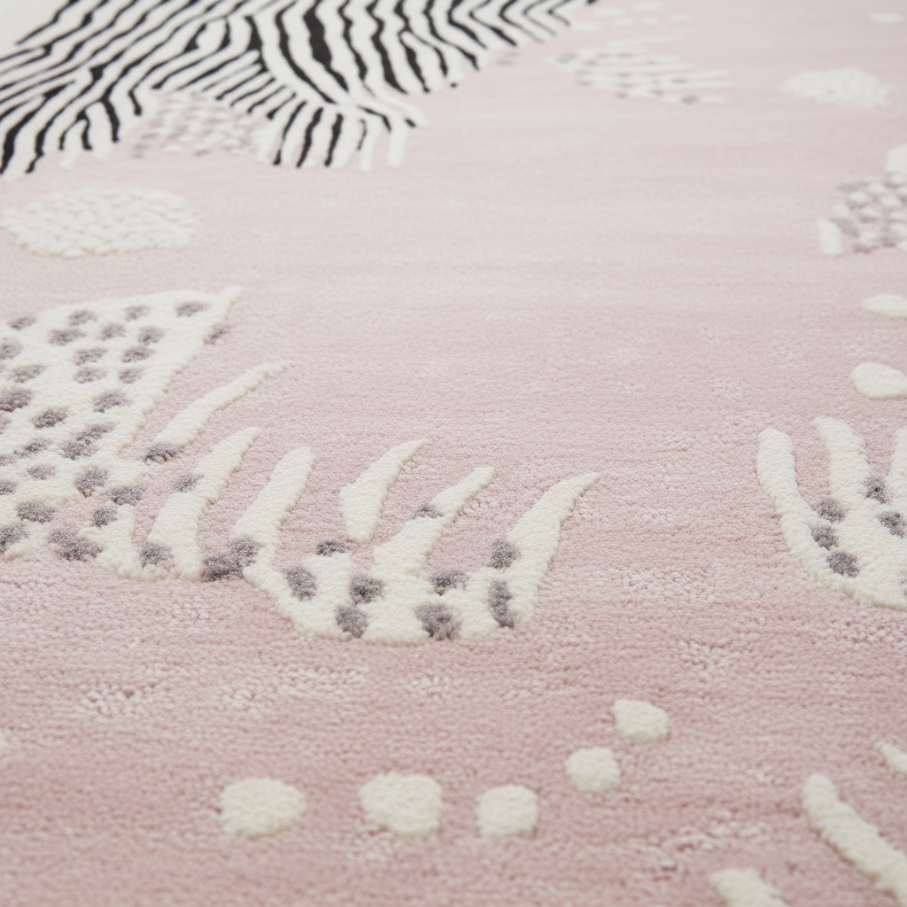 A close-up of a pink textured rug featuring abstract raised patterns in white, gray, and black, including zebra-like stripes and organic spotted motifs.