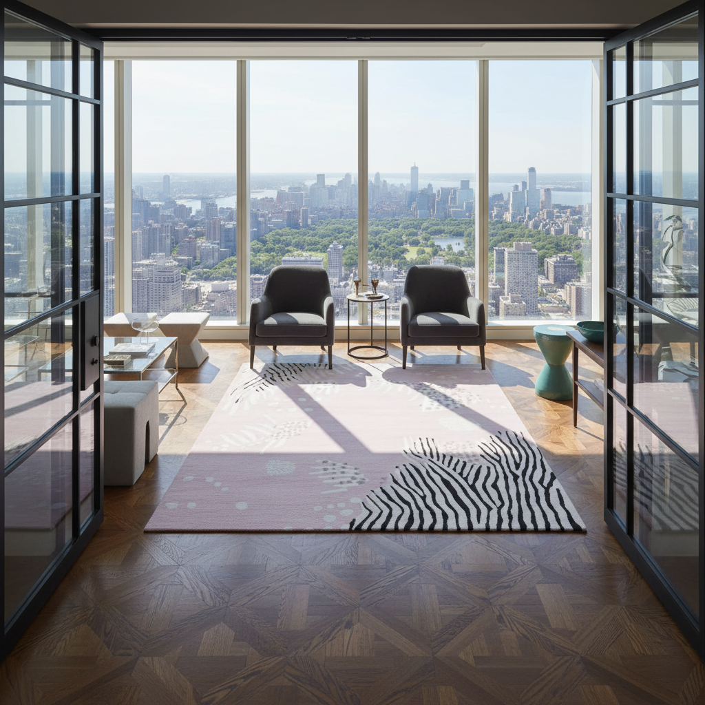 A modern living room interior with a large pink and white patterned area rug on a wood floor, two black armchairs, and expansive floor-to-ceiling windows overlooking a city skyline.