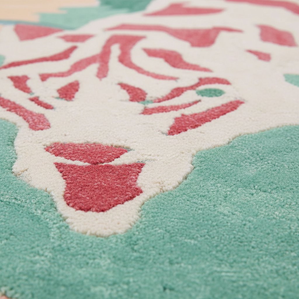 Close-up of a plush area rug with a stylized animal face design in cream, coral pink, and mint green.