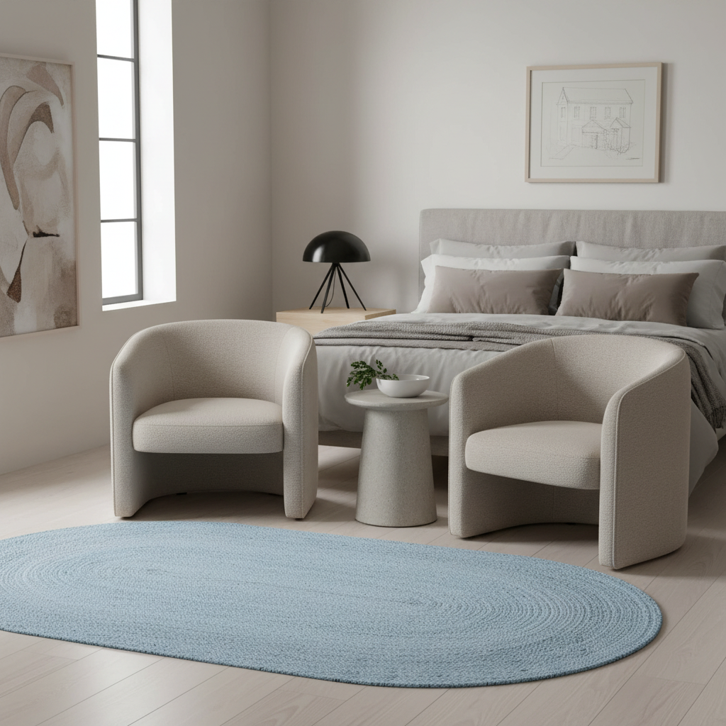 Sky Blue Elongated Oval Jute Rug placed beside a bed and chairs in a light-filled bedroom