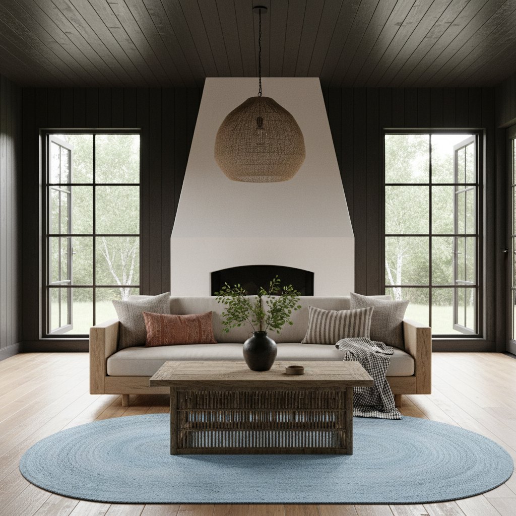 A styled living room interior featuring a light wood sofa with neutral and rust accent pillows, a round light blue rug, a wooden coffee table, and a large woven pendant light hanging in front of a white fireplace with dark wood trim.