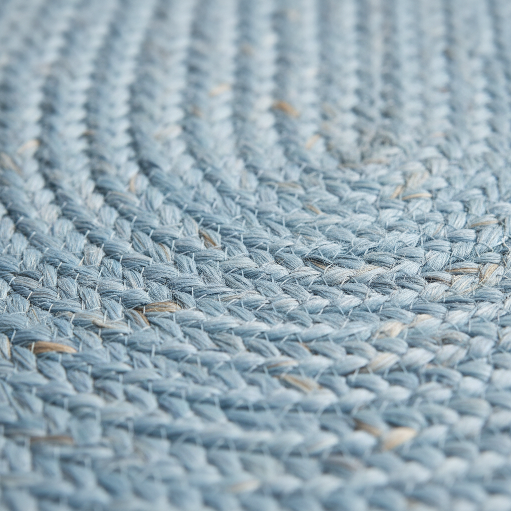 A close-up of a light blue braided rug or mat showing the detailed woven texture.