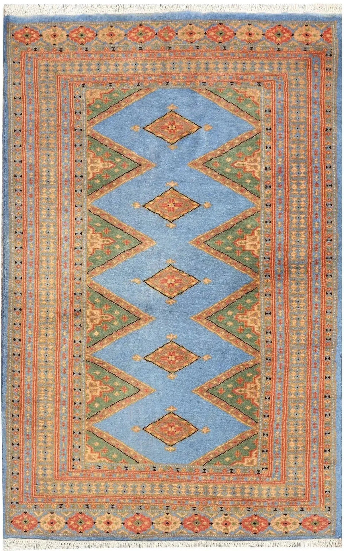 Sky Blue Java Kingdom hand-knotted area rug with blue diamond medallions on a tan geometric-bordered ground