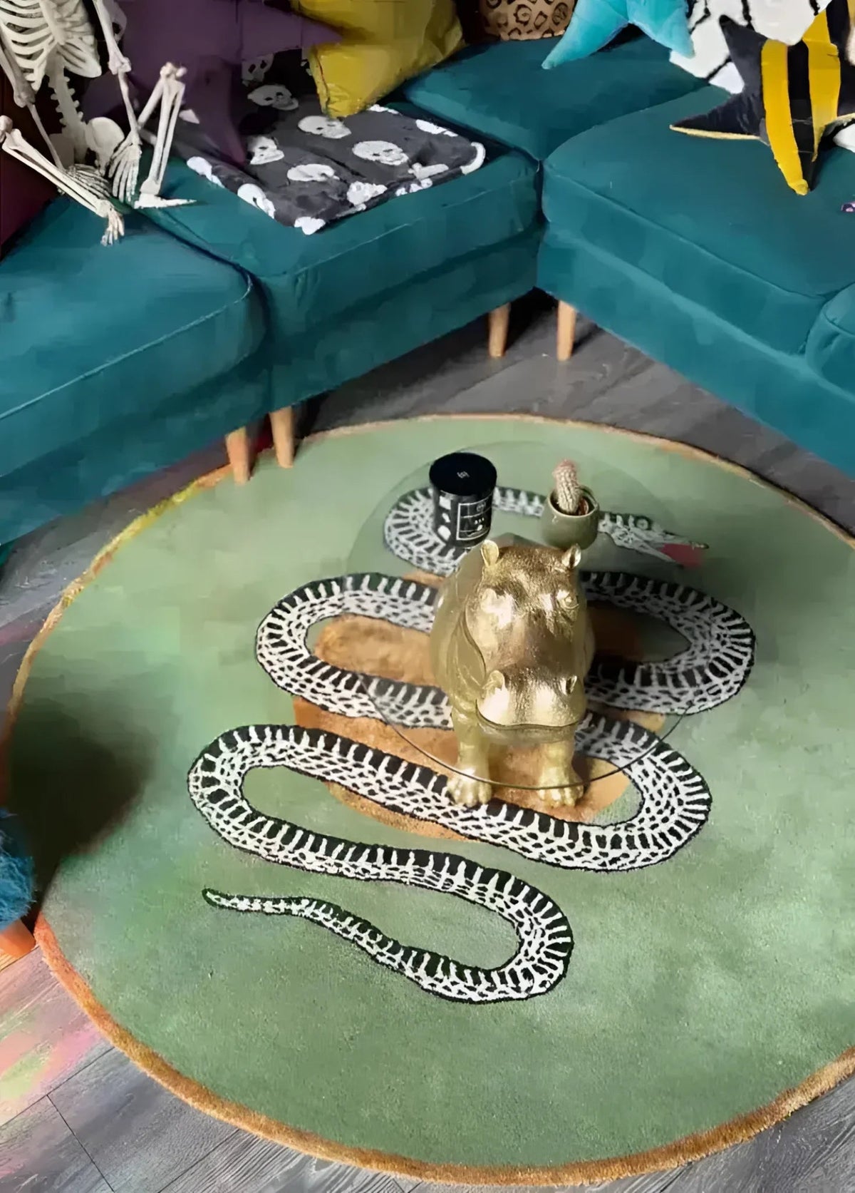 Snake and Apple Green Gold Round Hand Tufted Wool Rug 2 - 1001 Knots