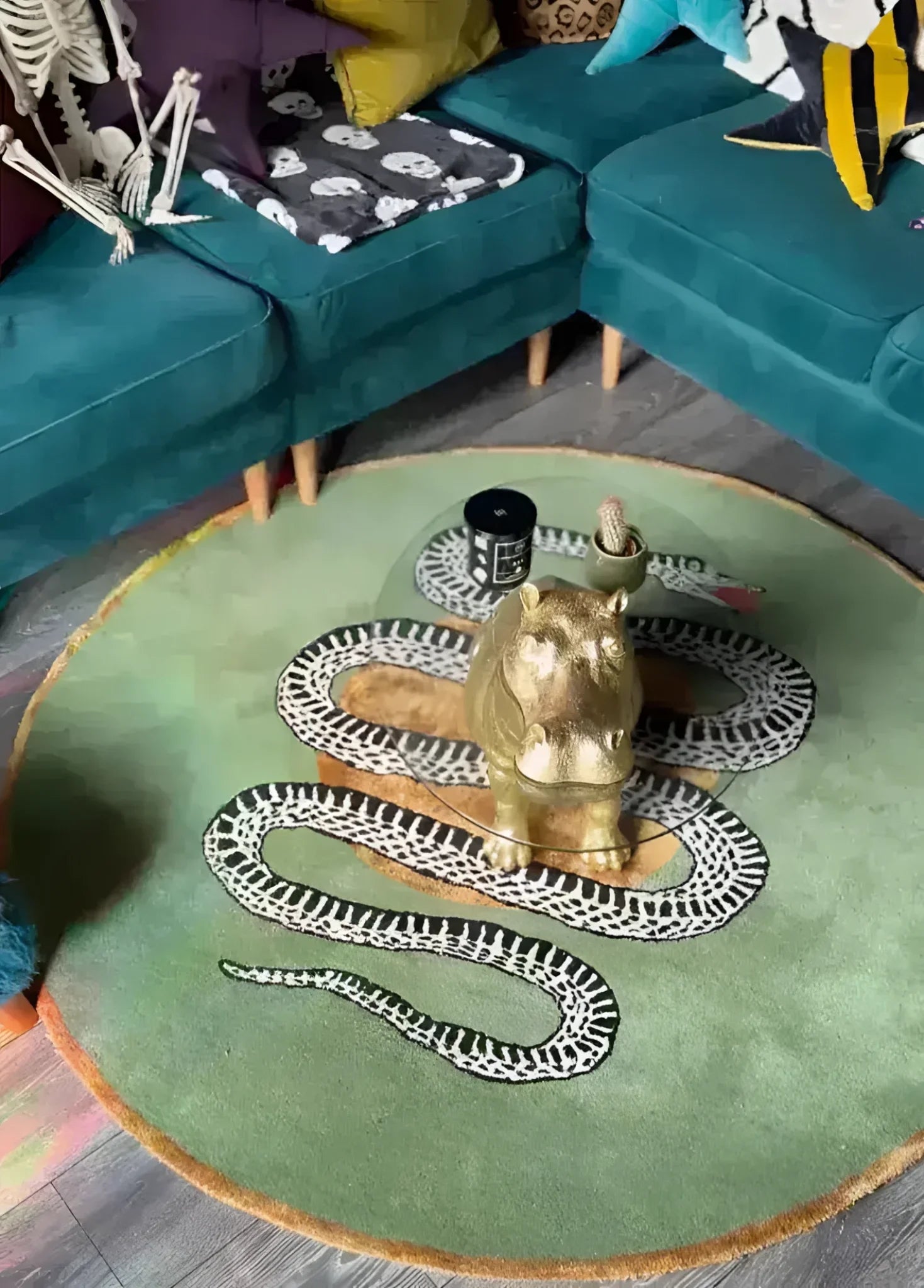 Snake and Apple Green Gold Round Hand Tufted Wool Rug 2 - 1001 Knots