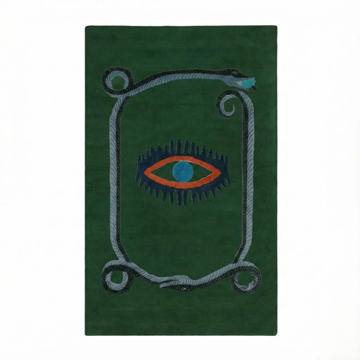 Green rug with tufted eye design on a white background
