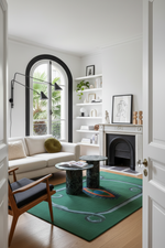 Modern living room with a green snake rug, white sofa, and fireplace.