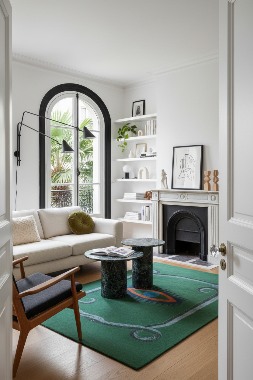 Modern living room with a green snake rug, white sofa, and fireplace.