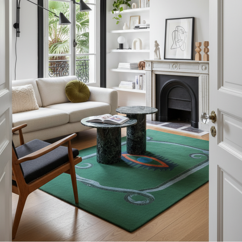 Snake and Red Evil Eyes Green Hand Tufted Wool Rug