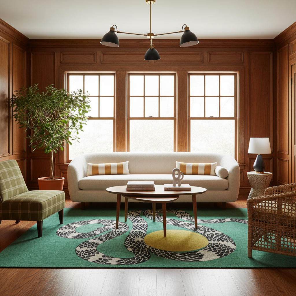 Snake and Sun Green Hand Tufted Wool Rug III