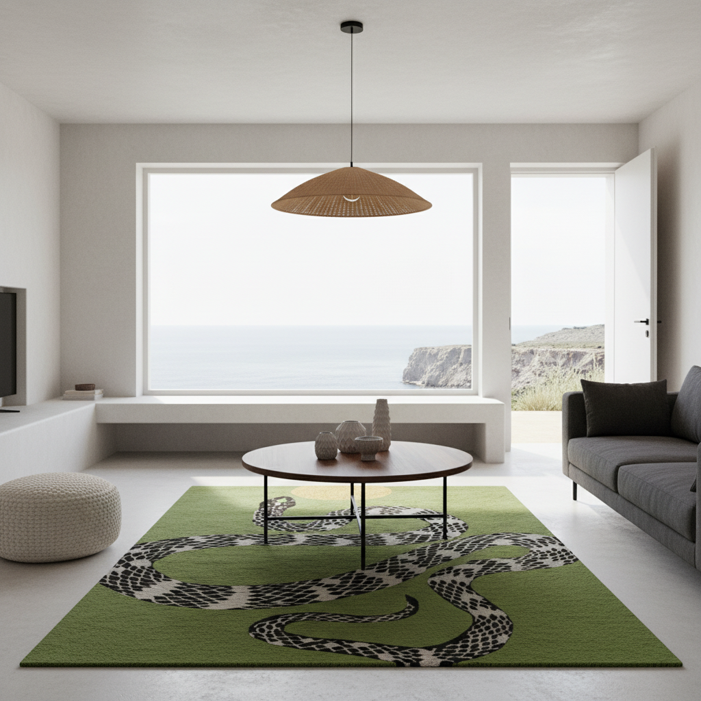 Snake and Sun Hand Tufted Wool Rug - Moss Green II
