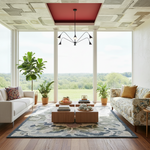 A styled living room with two sofas, a patterned area rug, wooden coffee tables, potted plants, and large windows overlooking a green field. The scene appears highly staged or AI-generated, with a red ceiling panel and decorative architectural details.
