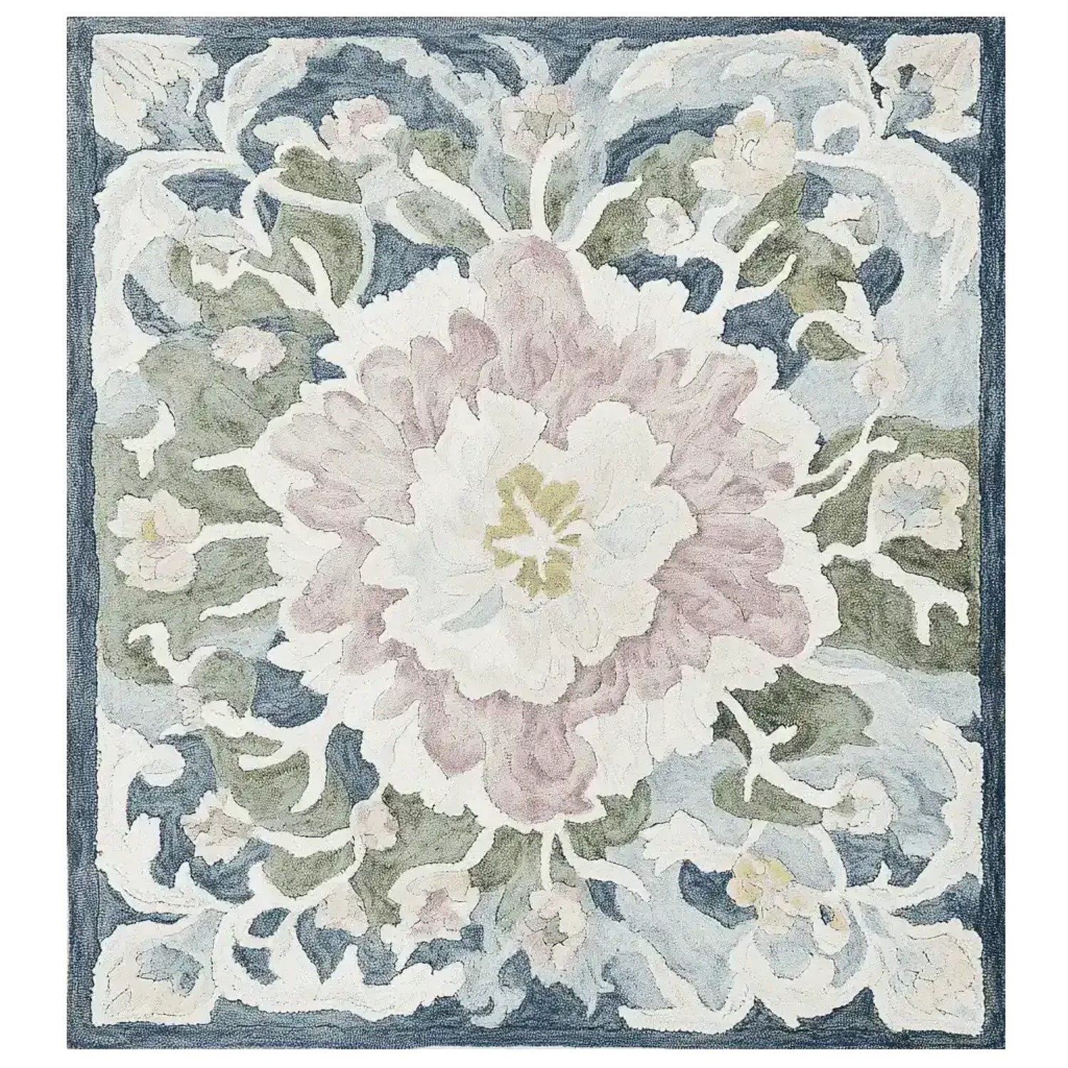 Top view of the Soft Bloom Rhapsody Hand Tufted Area Rug, showcasing an elegant floral design. This wool rug features soft pastel hues with intricate floral patterns, making it a perfect centerpiece for living room rugs 8x10.