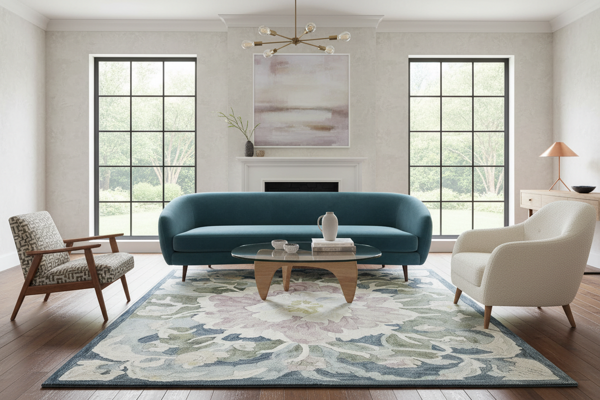 A styled living room featuring a teal blue curved sofa as the central product, arranged on a large floral area rug with a glass-top coffee table, two accent chairs, a fireplace, and tall windows.