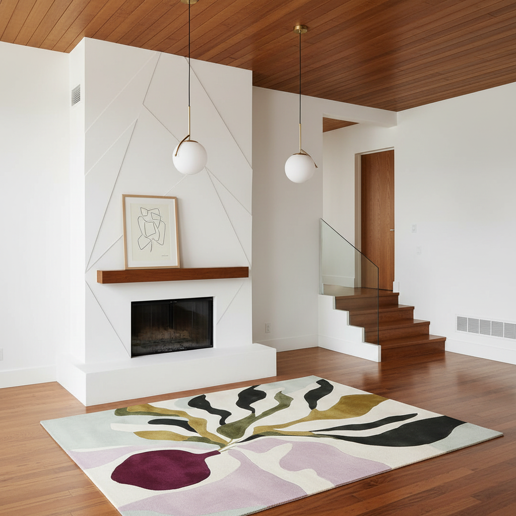 A modern living room interior with a large abstract area rug on a wood floor, a white fireplace wall, pendant lights, wooden stairs, and a glass railing.