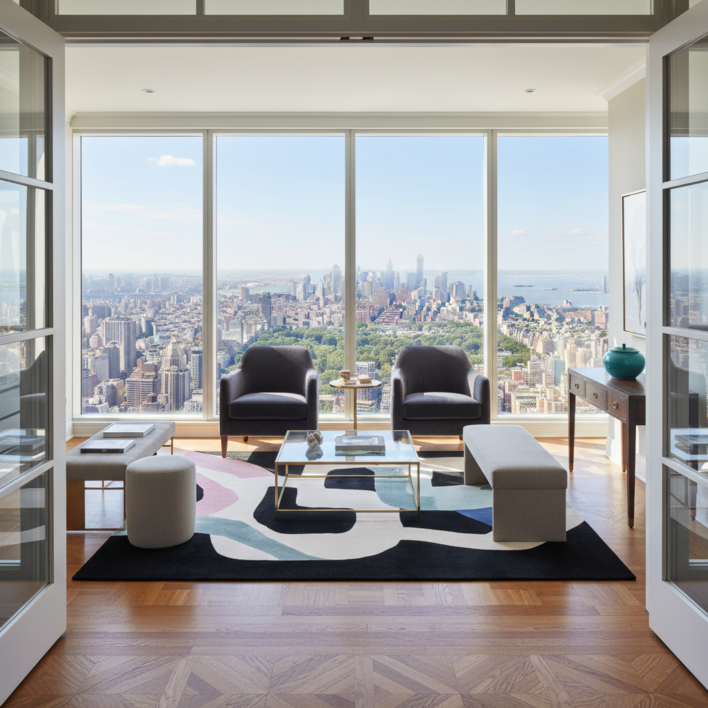 A luxury modern living room with a panoramic view of the New York City skyline from floor-to-ceiling windows. The room features two dark gray armchairs, a glass-top coffee table, a black and multicolor abstract area rug, a long beige bench, and a wooden herringbone floor.