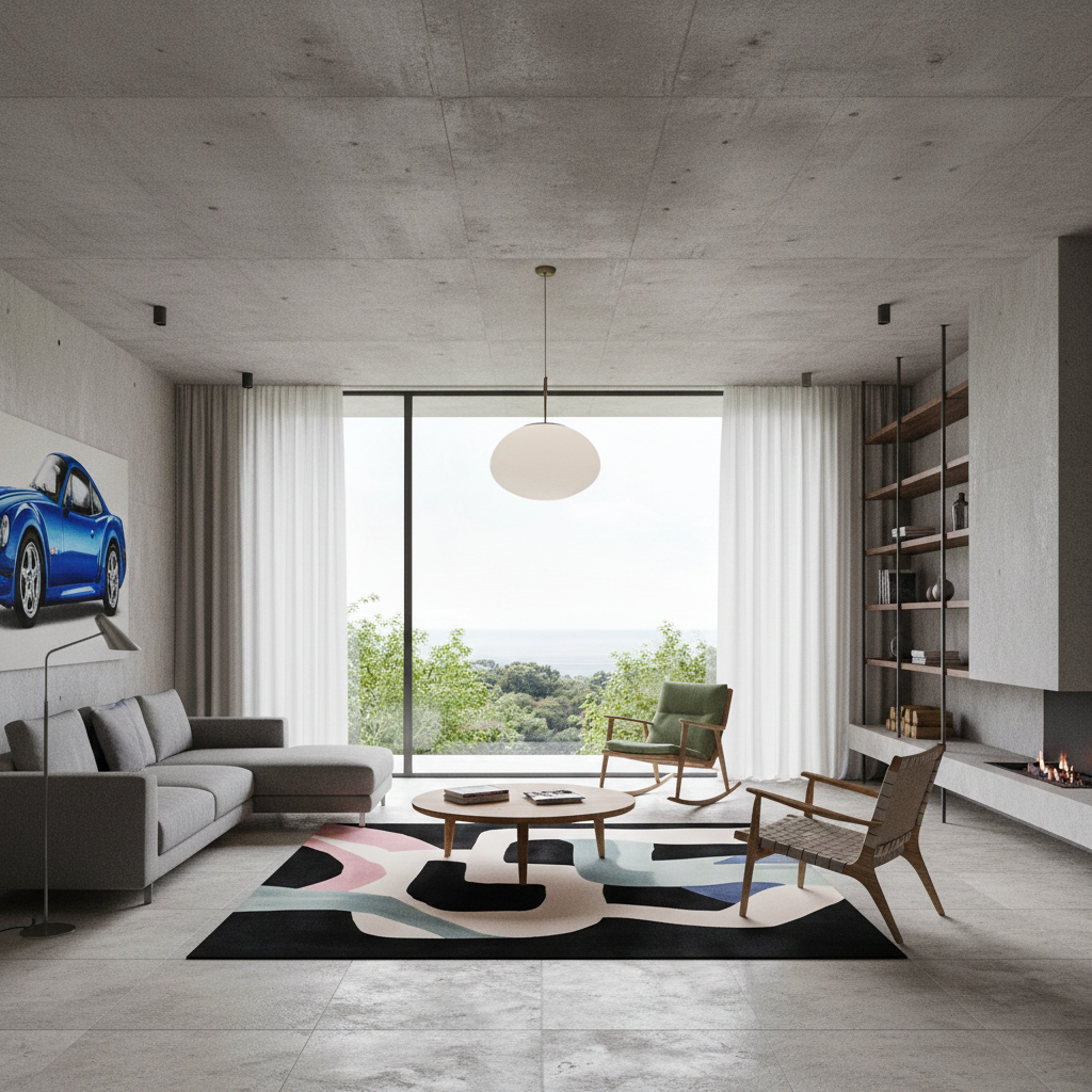 A modern living room with a concrete ceiling and floor, featuring a gray sectional sofa, a green armchair, a brown accent chair, a black, white, pink, and blue abstract area rug, and a large glass window overlooking a landscape.