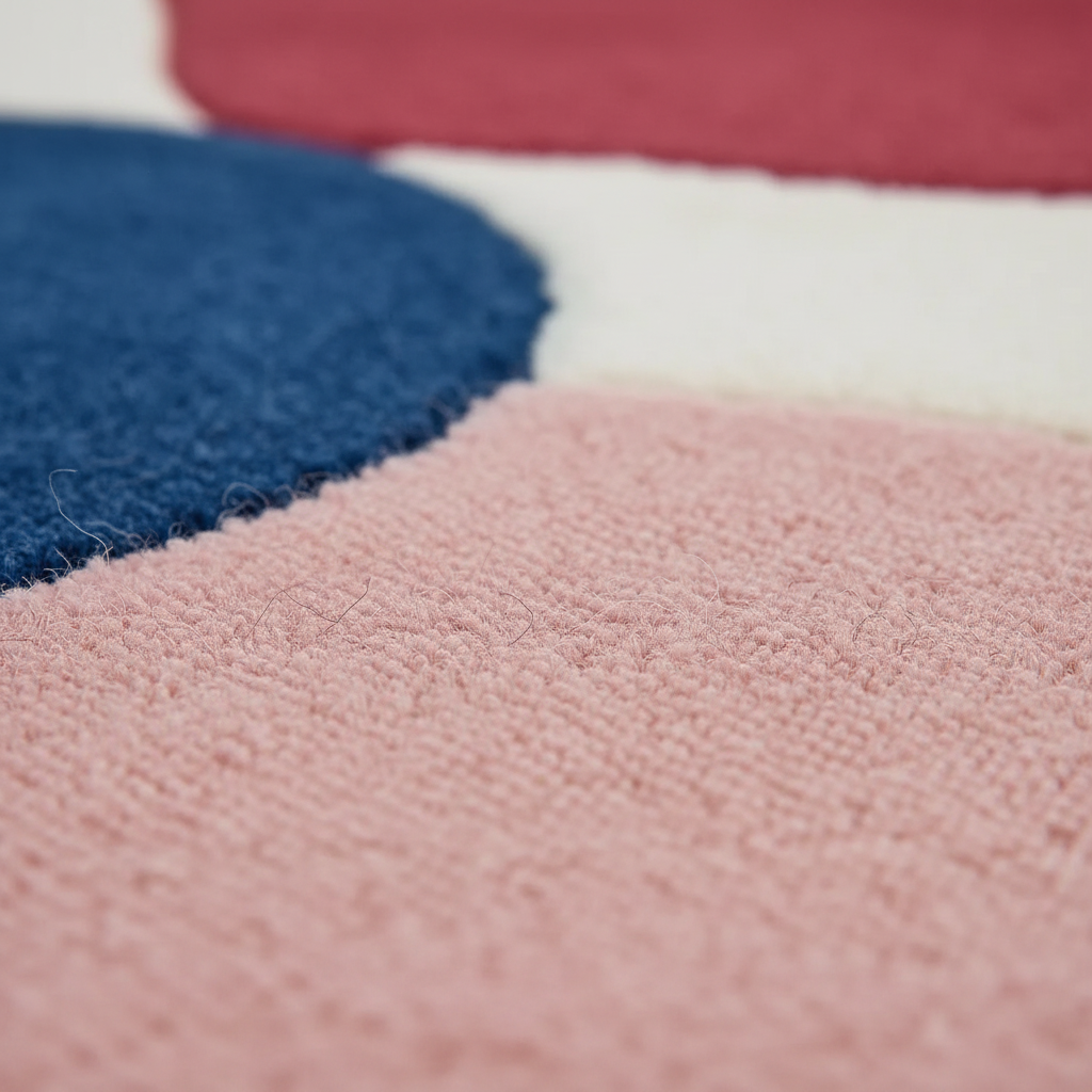 Close-up of a plush, textured rug with a modern abstract color-block pattern featuring dusty pink, navy blue, and white sections.