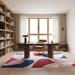 A modern home office interior with a round dark desk on a colorful abstract area rug, a brown leather office chair, a tall floor lamp, built-in wooden bookshelves, and large windows with sheer curtains.