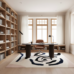 A modern home office interior with a dark wood desk, brown swivel chair, black floor lamps, tall built-in bookshelves, large windows with cream curtains, and a cream rug with abstract dark blue and pink brushstroke patterns.