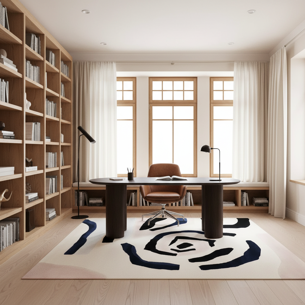 A modern home office interior with a dark wood desk, brown swivel chair, black floor lamps, tall built-in bookshelves, large windows with cream curtains, and a cream rug with abstract dark blue and pink brushstroke patterns.