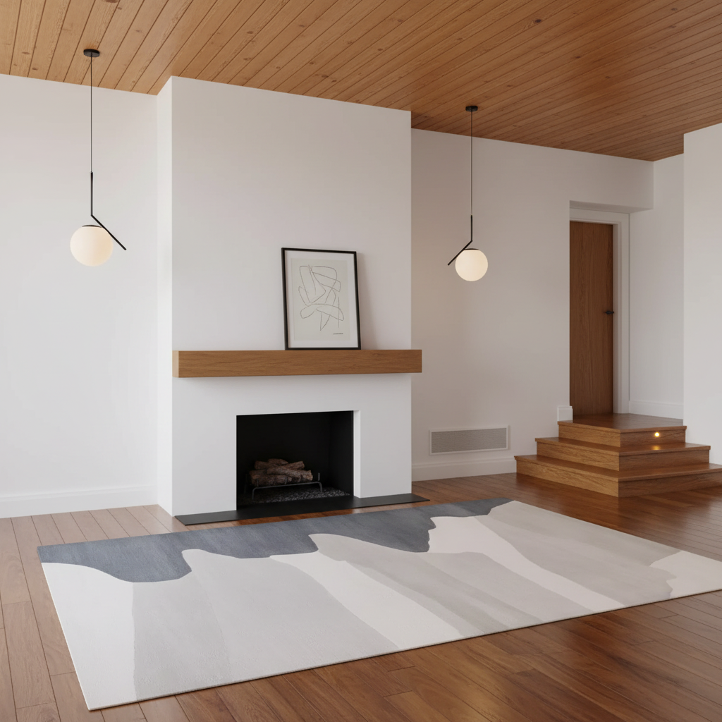 A large abstract area rug in white, gray, and light taupe tones, styled in a modern minimalist living room with a wood fireplace, white walls, and wood flooring.