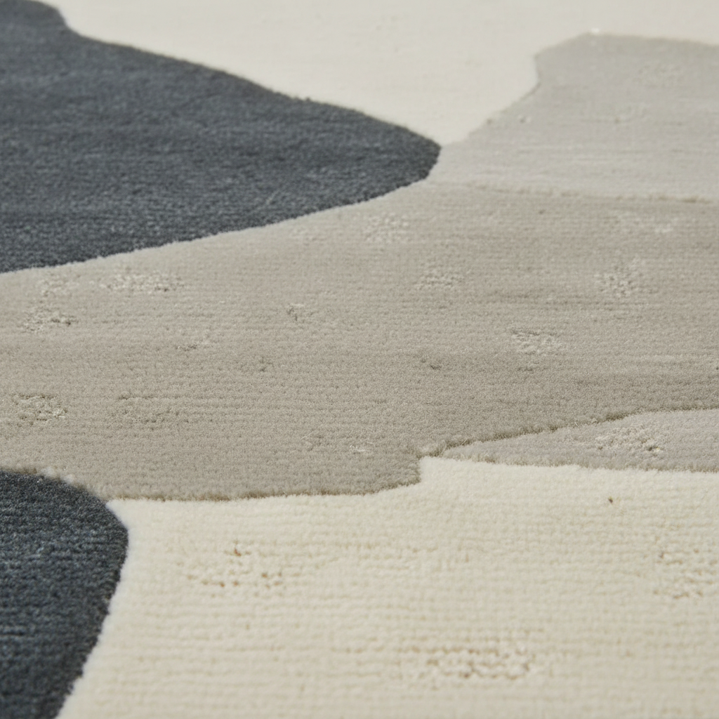 Close-up of a textured area rug with an abstract organic pattern in cream, light beige, and dark charcoal gray.