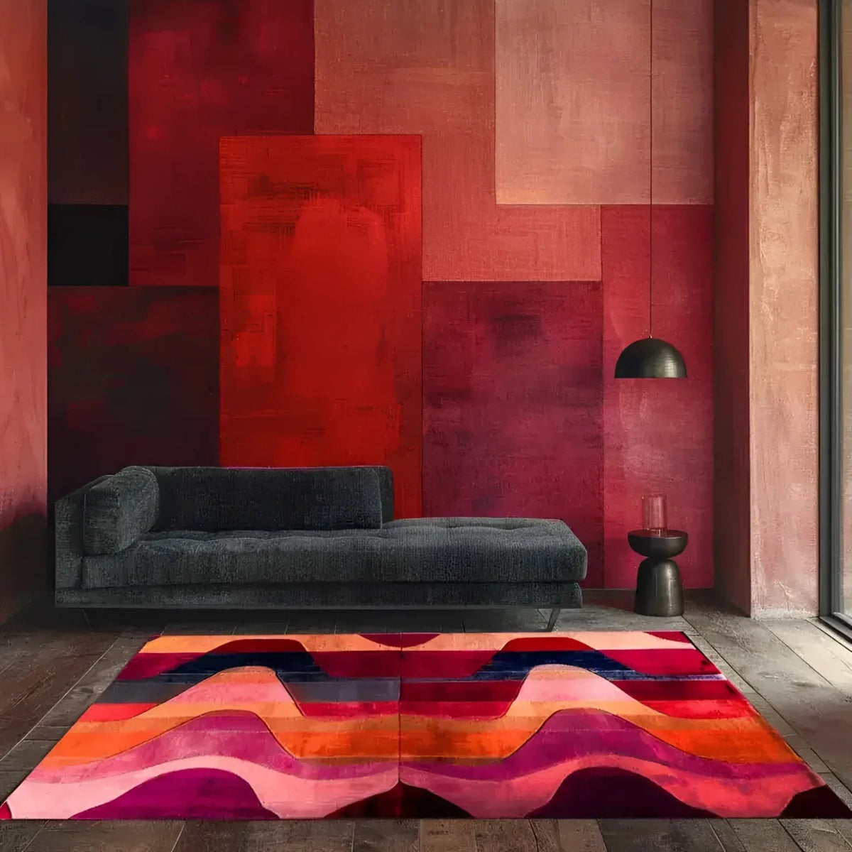 Living room with a colorful abstract wall painting and a patterned rug.
