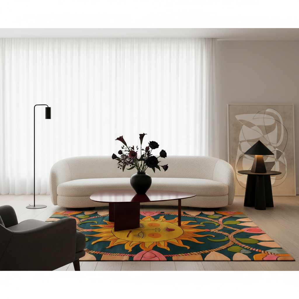 A modern living room scene featuring a cream-colored curved sofa as the main furniture piece, styled with a colorful patterned area rug, a low wooden coffee table, a black floor lamp, and a black side table with a lamp. The room has white curtains and light gray walls.