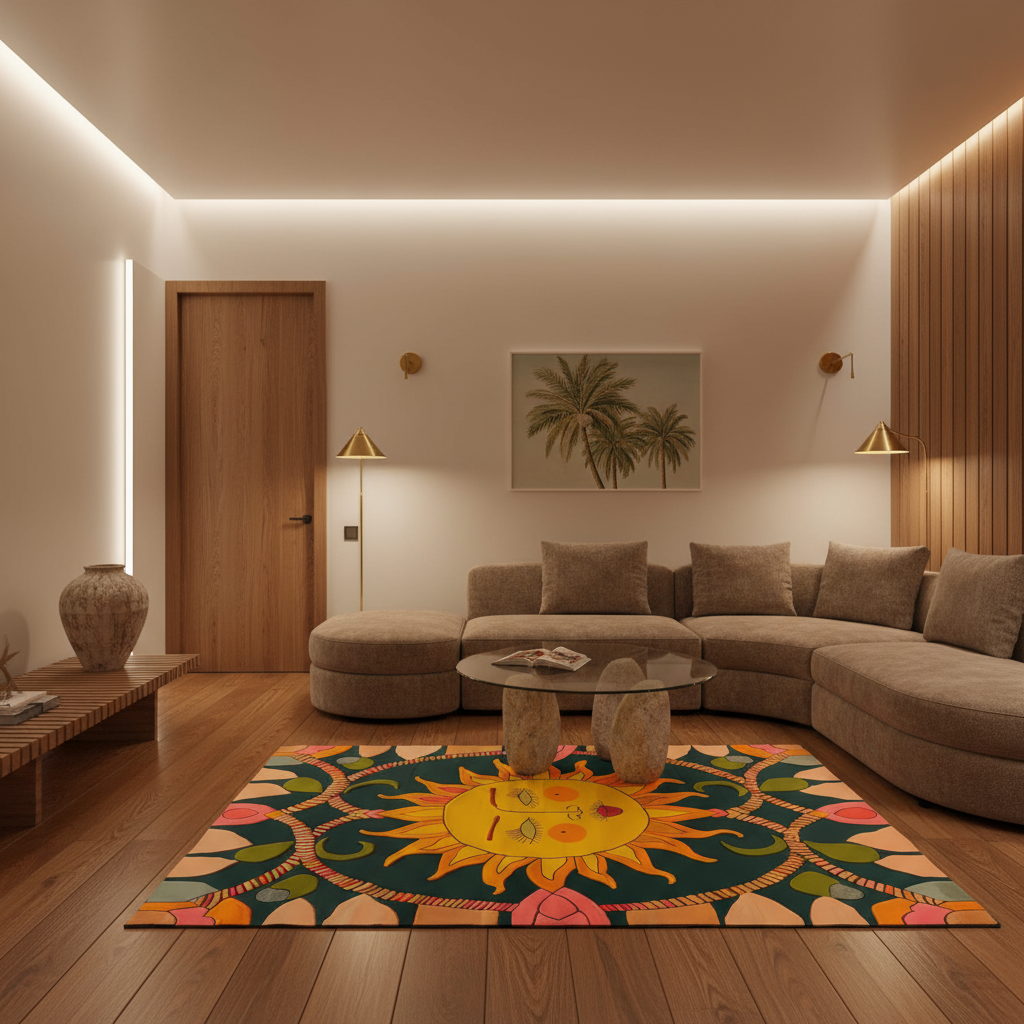 A brightly lit modern living room with a large colorful area rug featuring a stylized sun and floral motifs. The room includes a beige sectional sofa, a glass-top coffee table, warm ambient lighting, wood paneling, and a framed palm tree print on the wall.