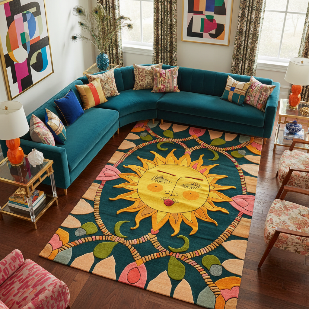 Solar Folk Art Hand Tufted Wool Rug