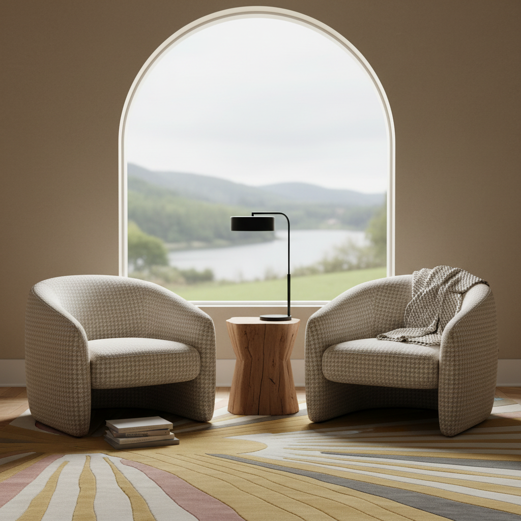 Two modern curved armchairs in textured cream bouclé fabric sit on either side of a small wooden side table with a black floor lamp, set in a room with a large arched window overlooking a lake and mountains.