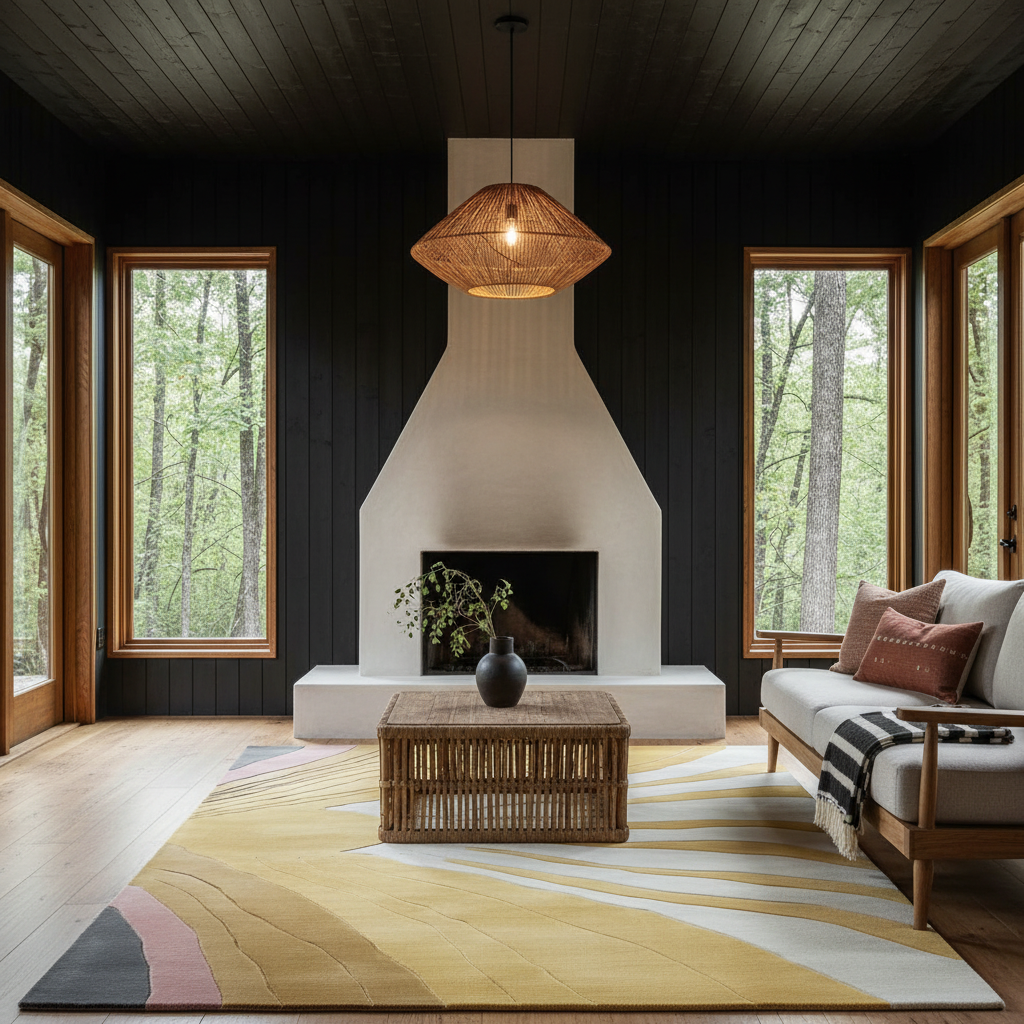 A styled living room interior with a large abstract area rug in yellow, white, gray, and blush tones, a rattan coffee table, a white fireplace, dark wood-paneled walls, and tall windows looking out to a forest.