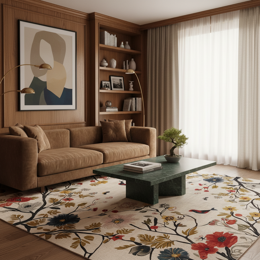 A styled living room interior featuring a large floral area rug with birds and branches, a brown velvet sofa, a dark green marble coffee table, and warm wood shelving and wall paneling.