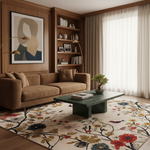 A styled living room interior featuring a large floral area rug with birds and branches, a brown velvet sofa, a dark green marble coffee table, and warm wood shelving and wall paneling.