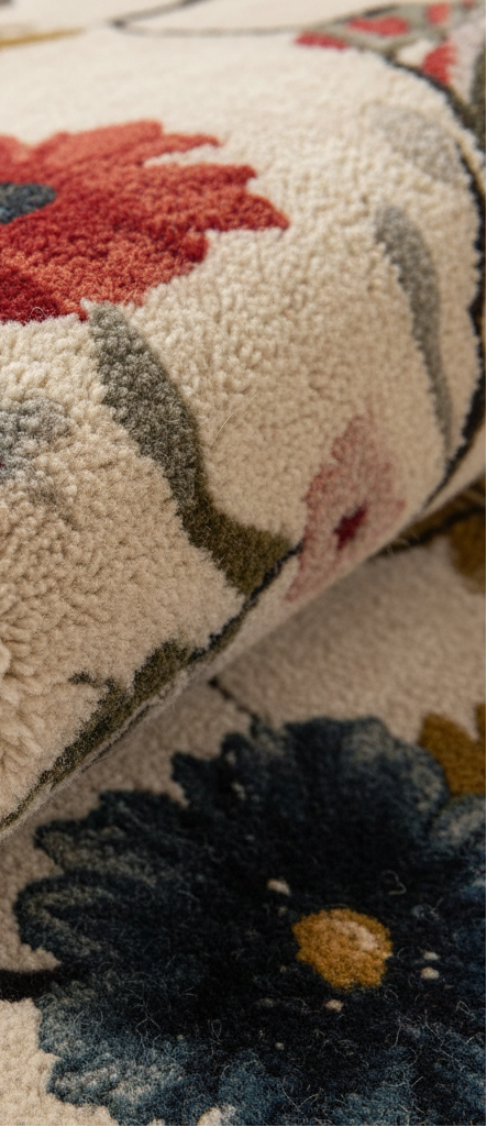 Close-up of a plush area rug with a floral pattern, showing a cream base with red, navy, olive green, and pink flowers.