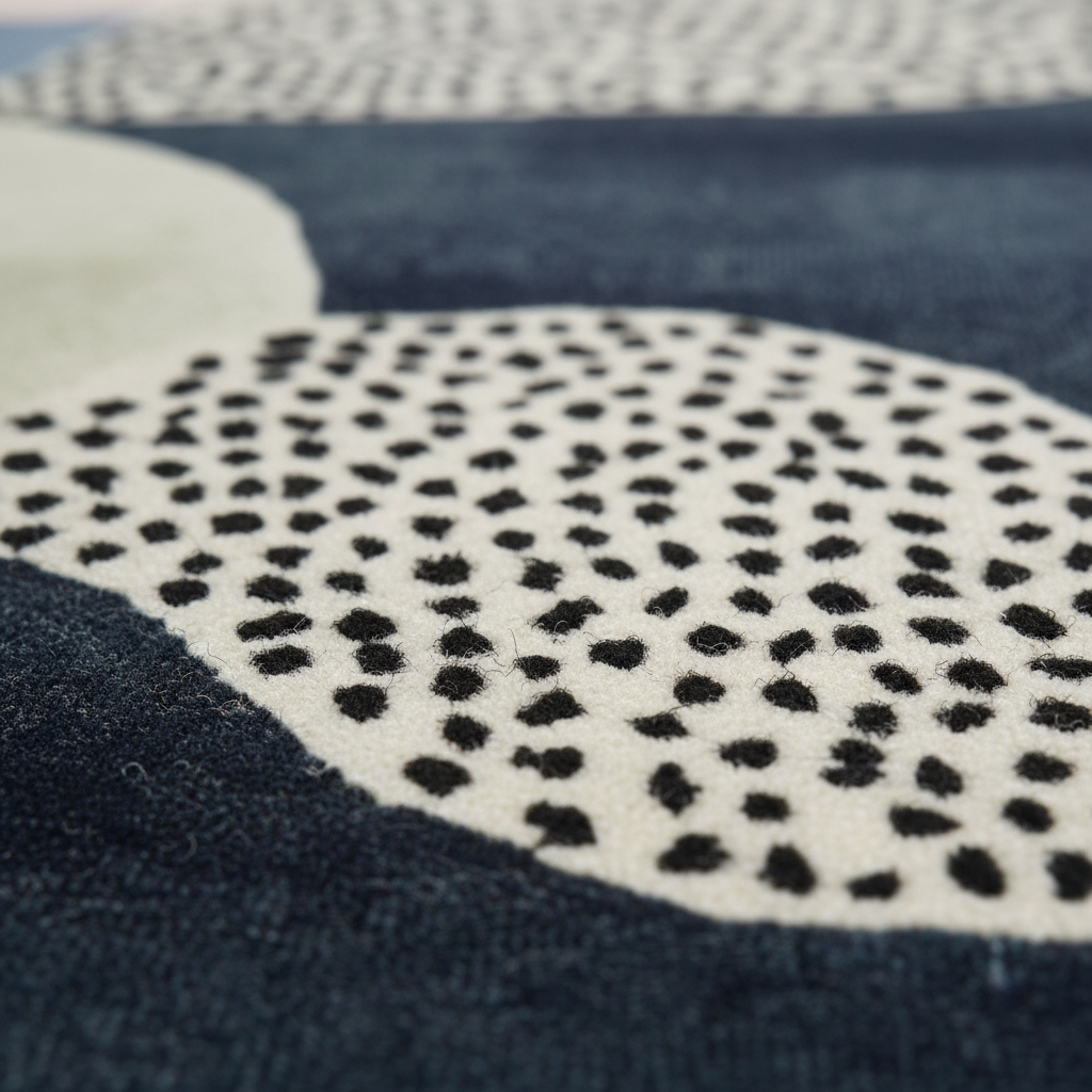 Close-up of a textured rug with a modern abstract design, featuring a cream-colored petal shape covered in small black spots, set against a dark navy blue background.