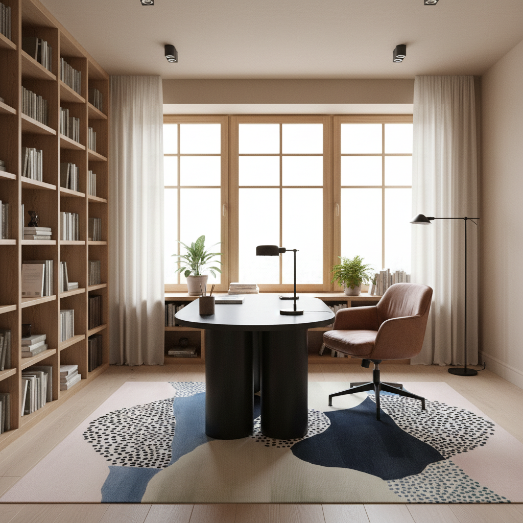 A modern home office interior featuring a round black desk, a brown leather swivel chair, a large abstract area rug, a tall bookshelf filled with books, and a window with sheer curtains.