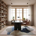 A modern home office interior featuring a round black desk, a brown leather swivel chair, a large abstract area rug, a tall bookshelf filled with books, and a window with sheer curtains.