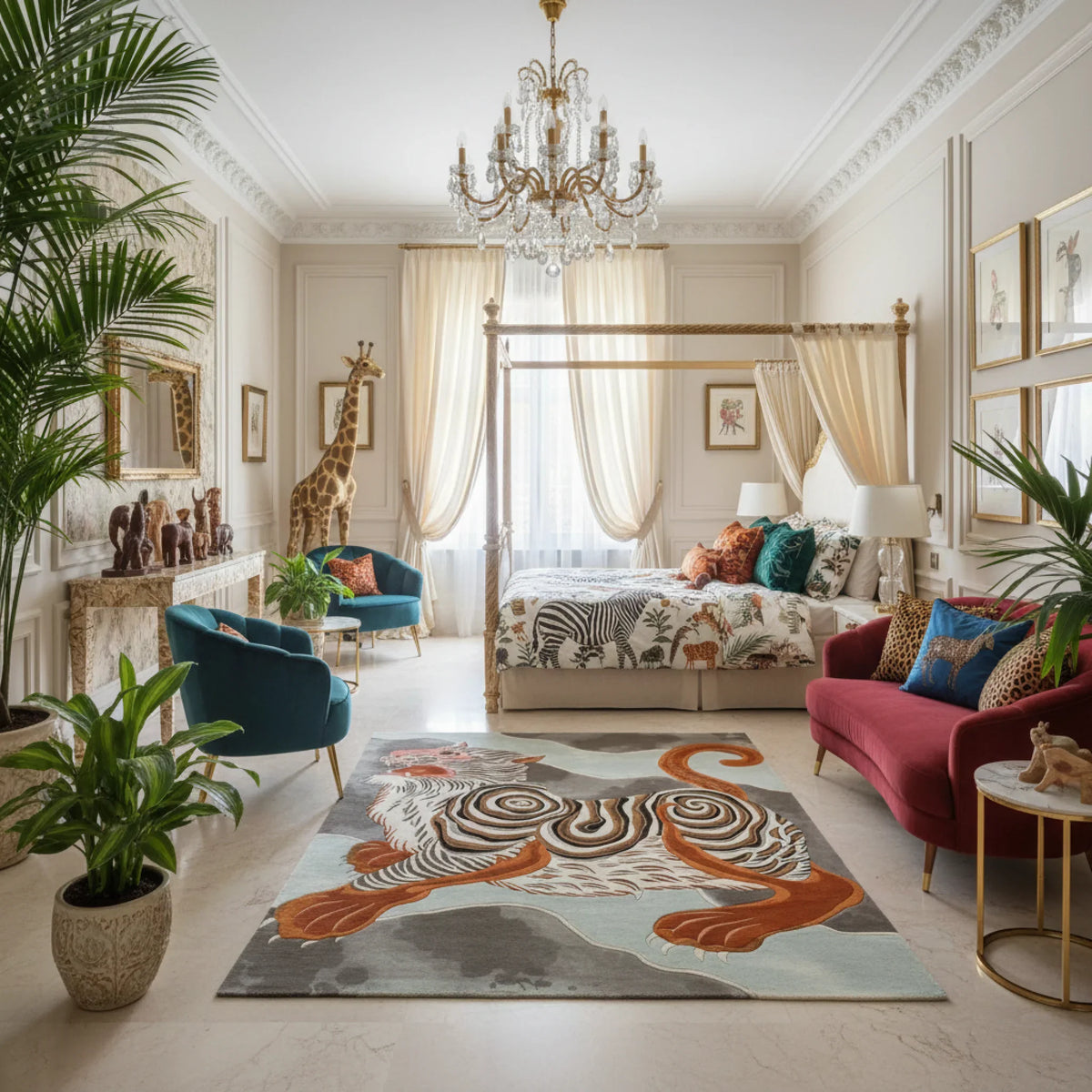 Luxurious bedroom with a four-poster bed, colorful furniture, and decorative elements.