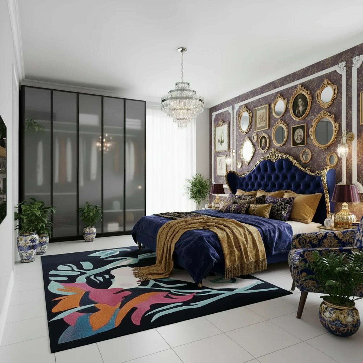 Luxurious bedroom with a colorful rug, bed, and decorative wall.