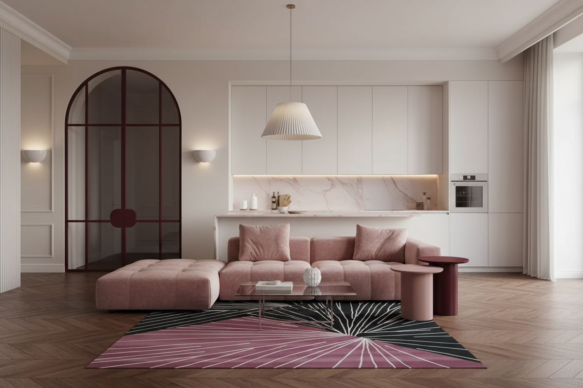 A modern living room featuring a dusty pink modular sectional sofa with matching pillows, styled with a pink and black patterned rug, a glass coffee table, and a sleek kitchen backdrop in the background.