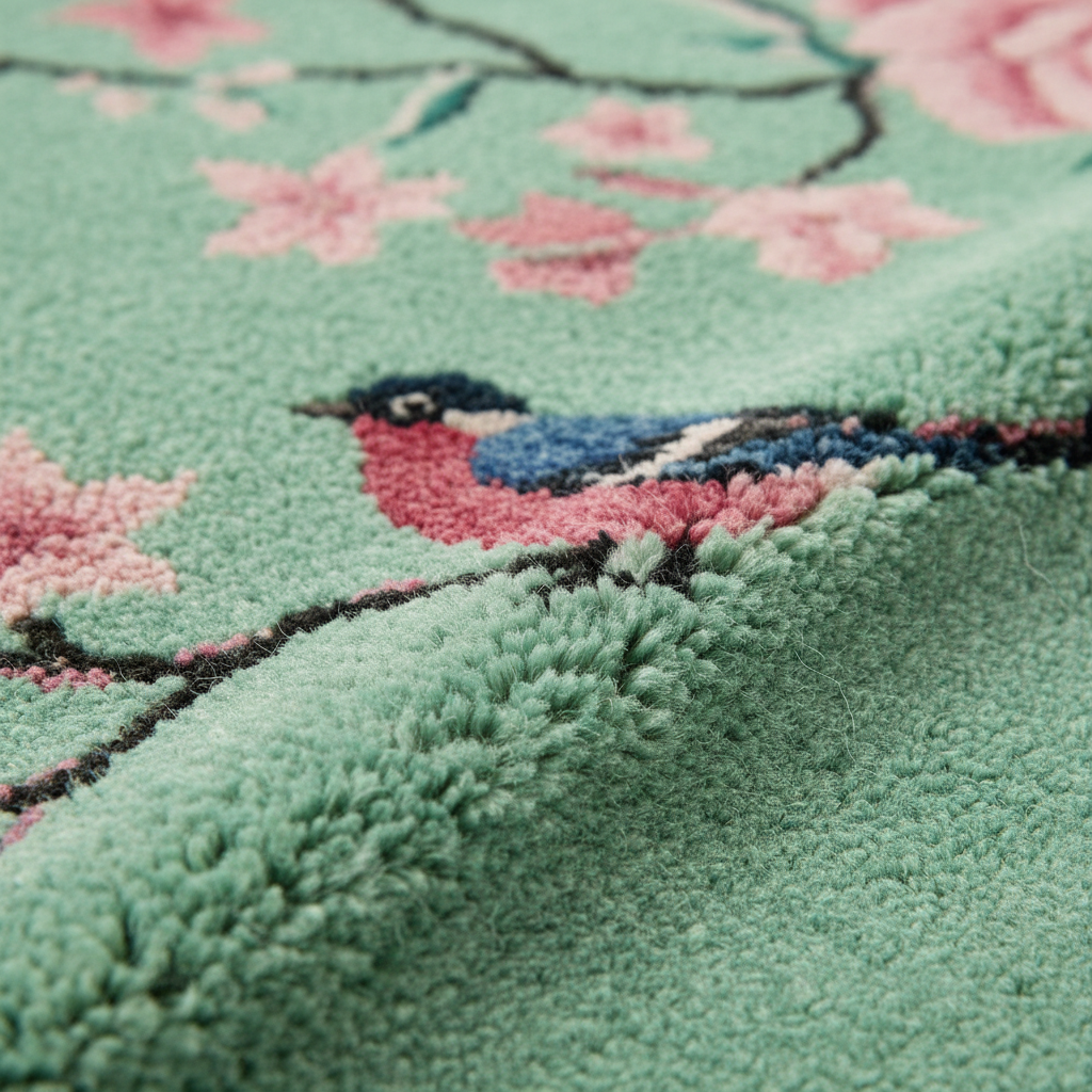 Close-up of a plush rug with a mint green base, pink cherry blossom branches, and a bluebird motif in blue, pink, and black.